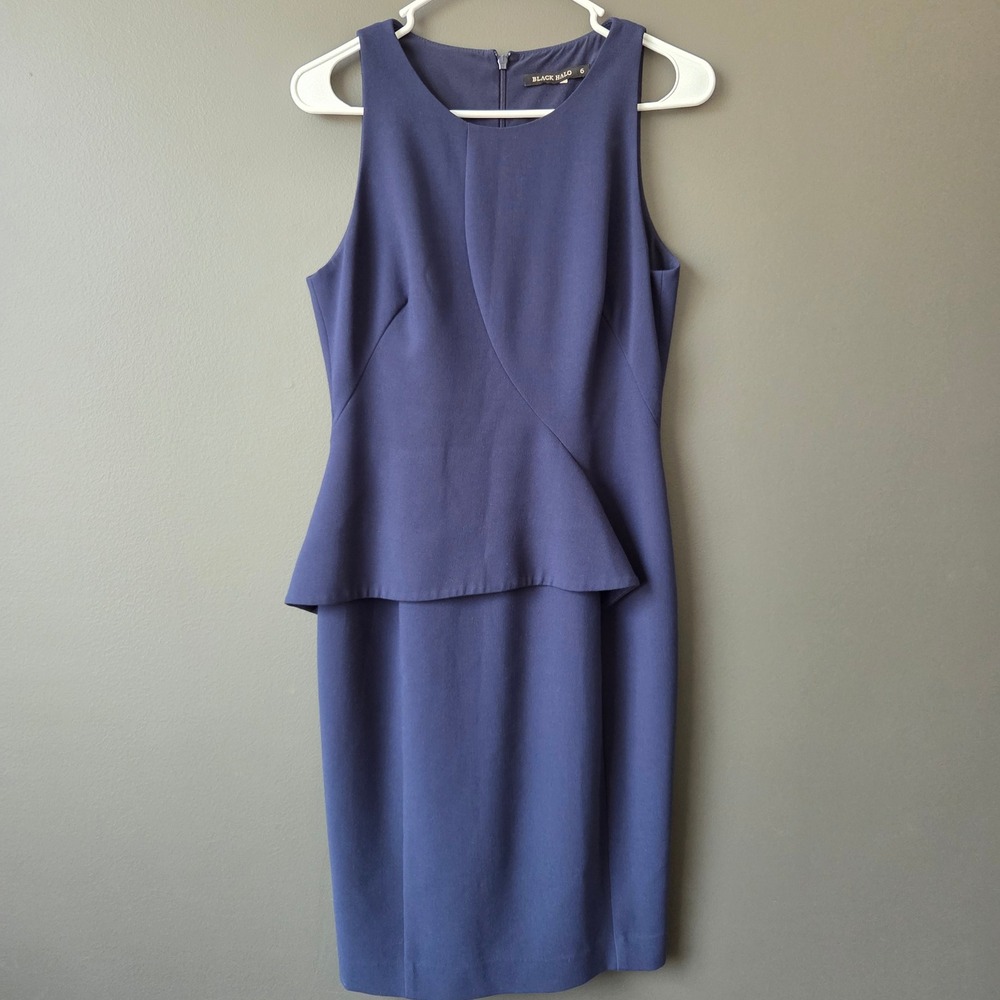Black Halo Kiara Navy Blue‎ Asymmetrical Peplum Sleeveless Sheath Dress Size 6
